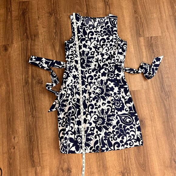 Talbots Poplin Fit & Flare Blue and White Tie Waist Dress - Jacobean 14P - Picture 6 of 16